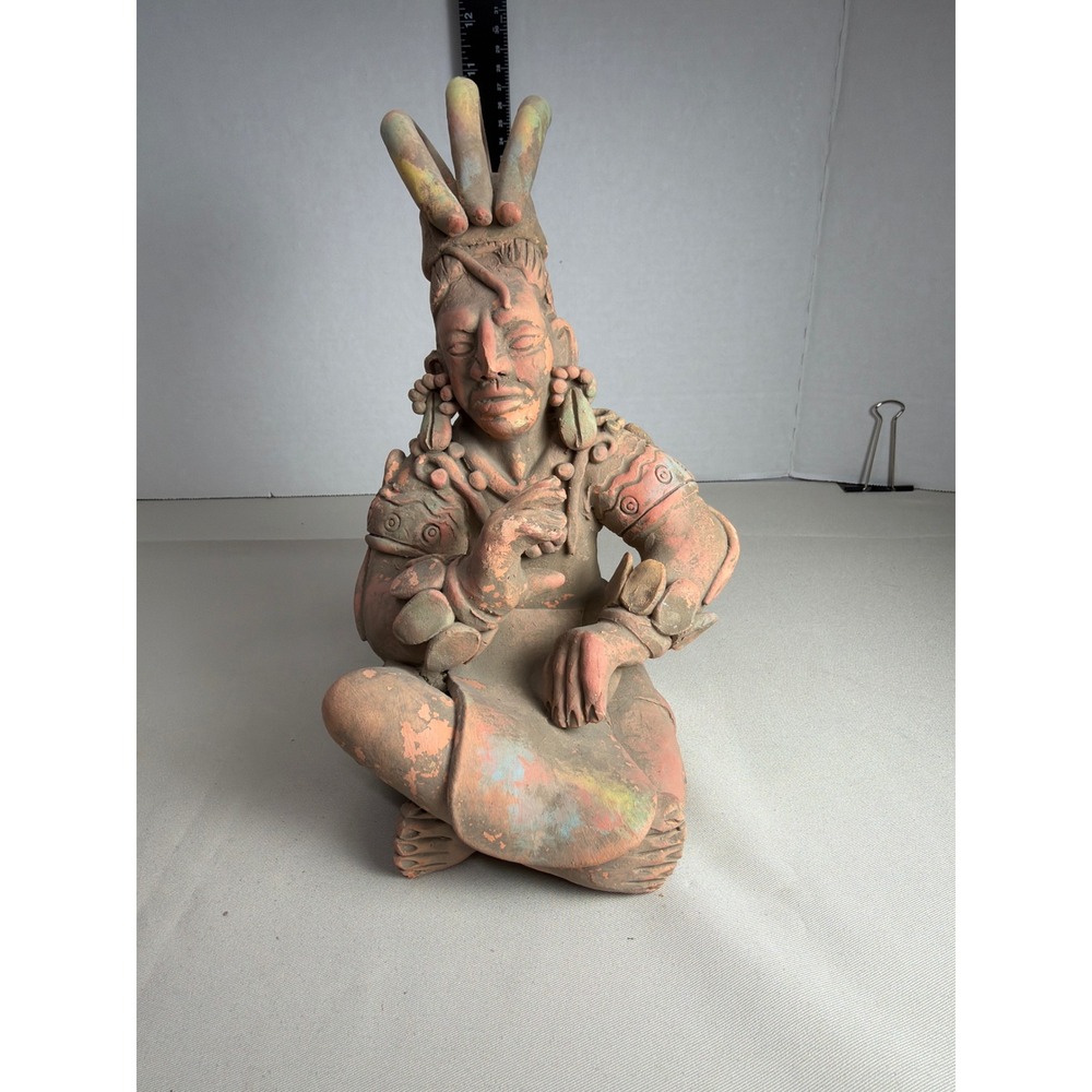 Vintage Mayan Seated Figure Terracotta Clay Statue Hecho en Mexico Folk Art 9.5"